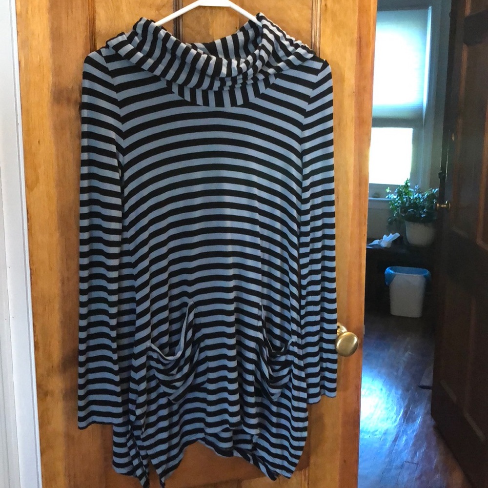 Blue striped top.